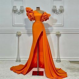 Designer Orange Evening Dress Sheath One Shoulder Crystal Beading Puff Sleeves Sexy Split Front Satin Gorgeous African Long Prom G276U