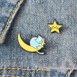 Pins Brooches Cute Slee Cat Pins Brooche Moon Star Enamel Lapel Badges Fashion Gift For Friends Wholesale Drop Delivery Jewelry Dhxn2