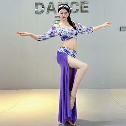 Belly Dance Practise Clothes Suit Mesh Printing Half Sleeves Top+long Skirt 2pcs for Women Belly Dancing Training Suit