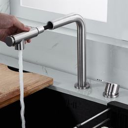 Stainless Steel 304 SUS Bathroom Sink Kitchen Faucet Cold Water Mixer Pull Out Spray Head Tap Brushed Nickel Single Handle216p