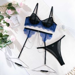 Sexy Lace Mesh Stitching Against Colour Gather Perspective Chain 3-piece Transparent Bra and Panty Set Women Underwear 230717