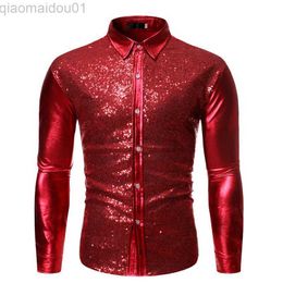 Men's Casual Shirts Men's Red Sequins Nightclub Dress Shirt Tuxedo Shirts 2022 Shiny Glitter Men Shirt Slim Fit Camisas Hombre Party Wedding Shirt L230721