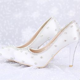 Closed Toe White Satin Wedding Shoes Rhinestone Prom Party High Heels Luxurious Top Quality 8cm Heels Custom Handmade Platforms283L