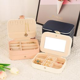 Jewelry Pouches Double Layer Portable Box With Mirror Luxury Gift Wrap Velvet Storage Leather Ring Earring Holder Organizer