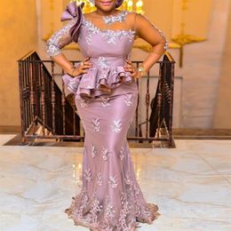 Elegant Nigerian Mermaid Evening Dresses Plus Size 2020 Sheer Long Sleeves Lace Applique Beaded robe de soiree Formal Party Prom G213M