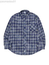 Men's Casual Shirts New Gothic Clothes Shirts for Men Brushed Check Shirts Men Blue Plaid Long Sleeve Oversized Cardigan Tie-dye Male Mens Shirt L230721