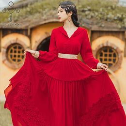 Casual Dresses YOSIMI Red Chiffon Long Women Dress 2023 Summer Vintage Fit And Flare Lace Sleeve With Hooded Evening Party Vestido