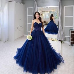 Dark Blue Ball Gown Prom Dresses Strapless Lace Applique Beads Lace-up Tulle Graduation Dress 8th Grade Party Formal Evening Gowns251v