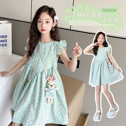 Girls' Dresses Summer Fashion Plaid Dress Cartoon Dolls Big Kids Princess Dress 3-12Y