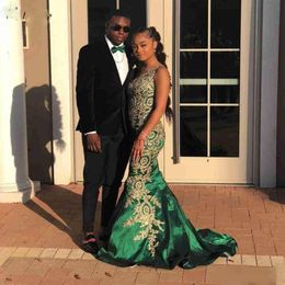 New Gold Lace Appliques Beaded Cryatal Emerald Green Sexy Evening Dresses Wear One Shoulder Mermaid African Prom Dress Cheap Party225d