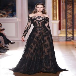 Black Lace Zuhair Murad Evening Dresses Long Sleeve Off The Should A Line Evening Party Gowns Vestido De Festa Longo Haute Couture291c