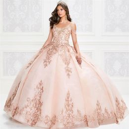 Rose Gold Quinceanera Dresses with Beading Lace Up Ball Gown Prom Gowns Corset Back Vestido De Festa Sweet 16 Dress Custom Made2522