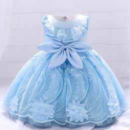 Summer 1 Year Baby Birthday Dress Children Christening Clothing Baptism Toddler Party Kids Costume Blue Flower Lace Princess