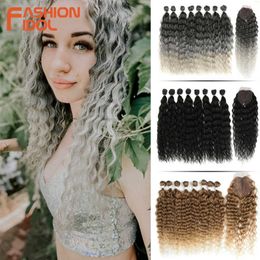 Synthetic Wigs Water Wave Fake Hair Bundles with Closure 20inch Weave Synthetic Ombre Silver Grey Curly Fiber 230227