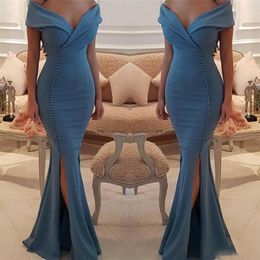 Elegant Muslim Evening Dresses 2021 Mermaid Off the Shoulder Long Evening Gown Sexy Slit V-Neck Prom Dress abiye gece elbisesi210N