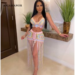 Two Piece Dress ANJAMANOR Sexy Crochet Tassel Two Piece Skirt Set Beach Dress Suit Summer Outfit Womens 2 Piece Matching Sets D48-EG26 230720