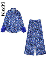 Womens Two Piece Pant Autumn Sets Print Feather Vintage Long Sleeve Shirt and High Waist Wide Chic Leg Pants Fashion Suit 230720