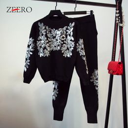 Women s Two Piece Pants Spring Luxury Women Black Sequins 2 Set Tracksuit Female Knitted Sweater Tops Casual 2PS Outfits 230721