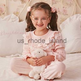 Pyjamas Winter Cute Children Sleepwear Girl Coral Velvet Pink Pyjama Set.Vintage Toddler Kid Lace Pyjama Set Princess Nightwear Nightie x0721