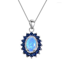 Pendant Necklaces Aqua Blue Zircon Oval Opal Necklace Luxury Crystal Stone Vintage Silver Colour Chain For Women Jewellery