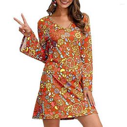 Casual Dresses 2Pcs/Set Women Halloween Dress With Headband Floral Print V-neck Flared Long Sleeve Party Disco 1960 Dance