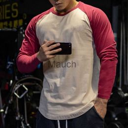 Men's T-Shirts Men Cotton Tshirt Long Sleeve Patchwork Shirt Bodybuilding Curved Hem Workout Fitness Tshirt Mens Cloing J230721