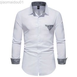 Men's Casual Shirts White Contrast Paisley Shirt Men 2023 Brand Slim Fit Long Sleeve Business Casual Shirt Mens Casual Button Down Dress Shirts XXL L230721