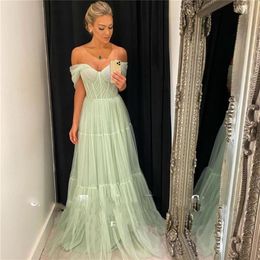 Light Mint Green Tulle Long Prom Dresses Off Shoulder Sleeves Sweetheart Evening Gowns Custom Made2745