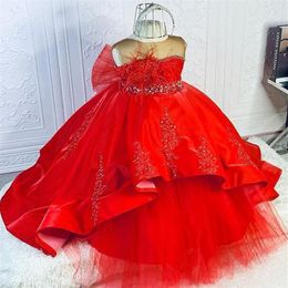 2021 Red Luxurious Tutu Flower Girl Dresses Lace Beaded Ball Gown Sheer Neck Tulle Lilttle Kids Birthday Pageant Weddding Gowns ZJ2416