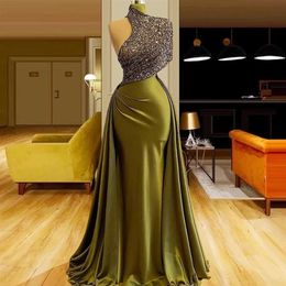 Dark Green Mermaid Evening Dresses with Overskirt High Neck Sequined Floor Length Satin Long Prom Gowns Noble Formal Party Dress C267m