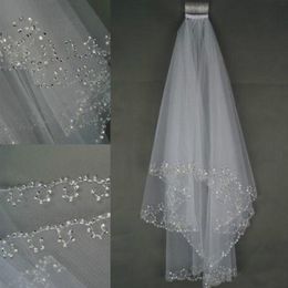 In Stock Wedding Bridal Veils Crystals 2-Layer Handmade Crescent Edge Bridal Accessories White and Ivory Bridal Veils Beads With C252D