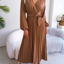 Casual Dresses Spring /Summer Elegant Pullover Solid Colour Cross High Waist Lace Up Commuter Long Sleeve V-Neck Large Fold Women's