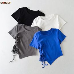 Womens TShirt Irregular Side Drawstring Crop Tops Women Summer Short Sleeve Slim Fit TShirts Harajuku Fashion Clothing Haut Femme 230720