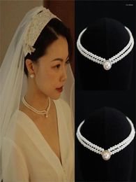 Choker Western-style Bridal Wedding Simple Necklace With Double Imitation Pearls Silver-plated Jewelry For Woman