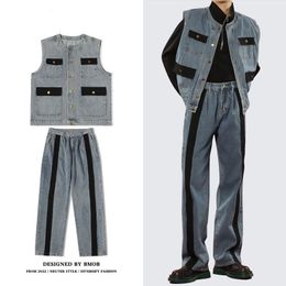 Men s Hoodies Sweatshirts HOUZHOU Sets Cargo Denim 2 Piece Outfits Male Patchwear Jeans Pants Vests Sleeveless Casual Korean Streetwear Hip Hop 230721