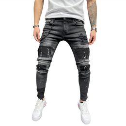 Men's Jeans Men Multi Pocket Male High Waist Denim Pants Skinny Trousers Streetwear Fashion Patchwork2936