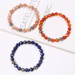 Faceted Sunstone Bracelets Men Elastic Jewelry Craft Silver Color Beads Alloy Charm Bangle Handmade Reiki Natural Stone Pulsera Be198V