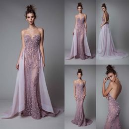 Berta 2019 Lavender Evening Dresses Backless Luxury Crystal Illusion Beads Mermaid Prom Gowns With Detachable Train Sheer Neck Par2544
