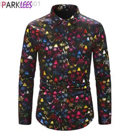 Men's Casual Shirts Shiny Christmas Gift Print Shirt for Men 2022 Brand New Long Sleeve Feliz Navidad Xmas Party Mens Dress Shirts Stage Prom Camisa L230721