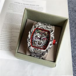 Top digite version Skeleton Dial All Fiber Pattern Case Japan Sapphire Mens Watch Rubber Designer Sport Watches302n