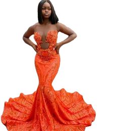 Orange Mermaid Lace Prom Dresses Sheer Neck Sequined Graduation Party Gown Custom Made Females Robes De Cocktail282W