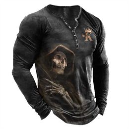 Men's T-Shirts Men's Henley Shirt T shirt Tee Graphic Patterned Skull Plus Size Henley Street Casual ButtonDown Print Long Sleeve Tops J230721