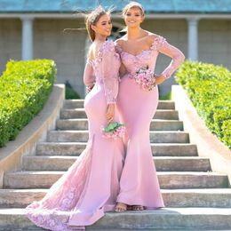 Unique Long Sleeves Flowers Wedding Bridesmaid Dresses Sexy Lace Appliques Mermaid Wedding Party Dresses Maid Of honor334F