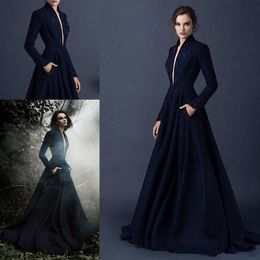 Navy Blue Satin Evening Dresses Embroidery Paolo Sebastian Dresses Custom Made Beaded Formal prom Wear outfit Plunging V Neck Ball254d