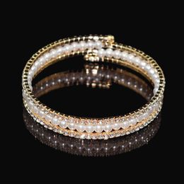 Luxury Gold Plated Faux Pearls Bridal Bracelet 3 Row Rhinestone Arabic Stretch Bangle Women Prom Evening Party Jewellery Bridal Acce289h