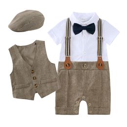 Newborn Baby Boy Gentleman Outfit Clothes Jumpsuits Cotton Summer Jumpsuit Vest Hat 3PCS Suit