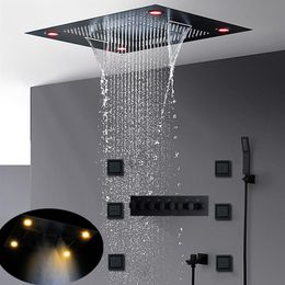 Luxury Most Complete Matt Black Shower Set Concealed Ceiling Large Rainfall LED Showerhead Waterfall Misty Thermostatic Bath Syste264I