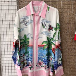Mens Casual Shirts CASABLANCA Shirt Coconut Tree Print Lapel Long Sleeve Men Women Seaside Vacation Flower High Quality Casablanca Suit 230720