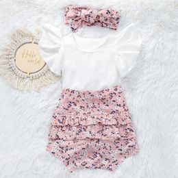 Clothing Sets 2023 Summer Girl Daily Cute Clothes Ribbed Knitted White Jumpsuit With Floral Print Ruffled Skirt-Pants Infant 3-24 Month