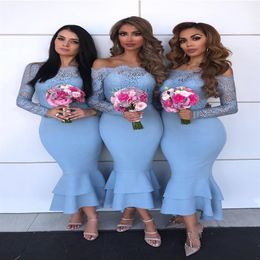 Cheap Blue Off Shoulder Long Sleeves Mermaid Bridesmaid Dresses Ankle-Length Lace Formal Prom Evening Gown Sexy Wedding Guest Gown309H